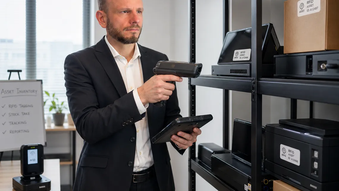 Pracownik skanuje sprzęt firmowy czytnikiem RFID podczas inwentaryzacji